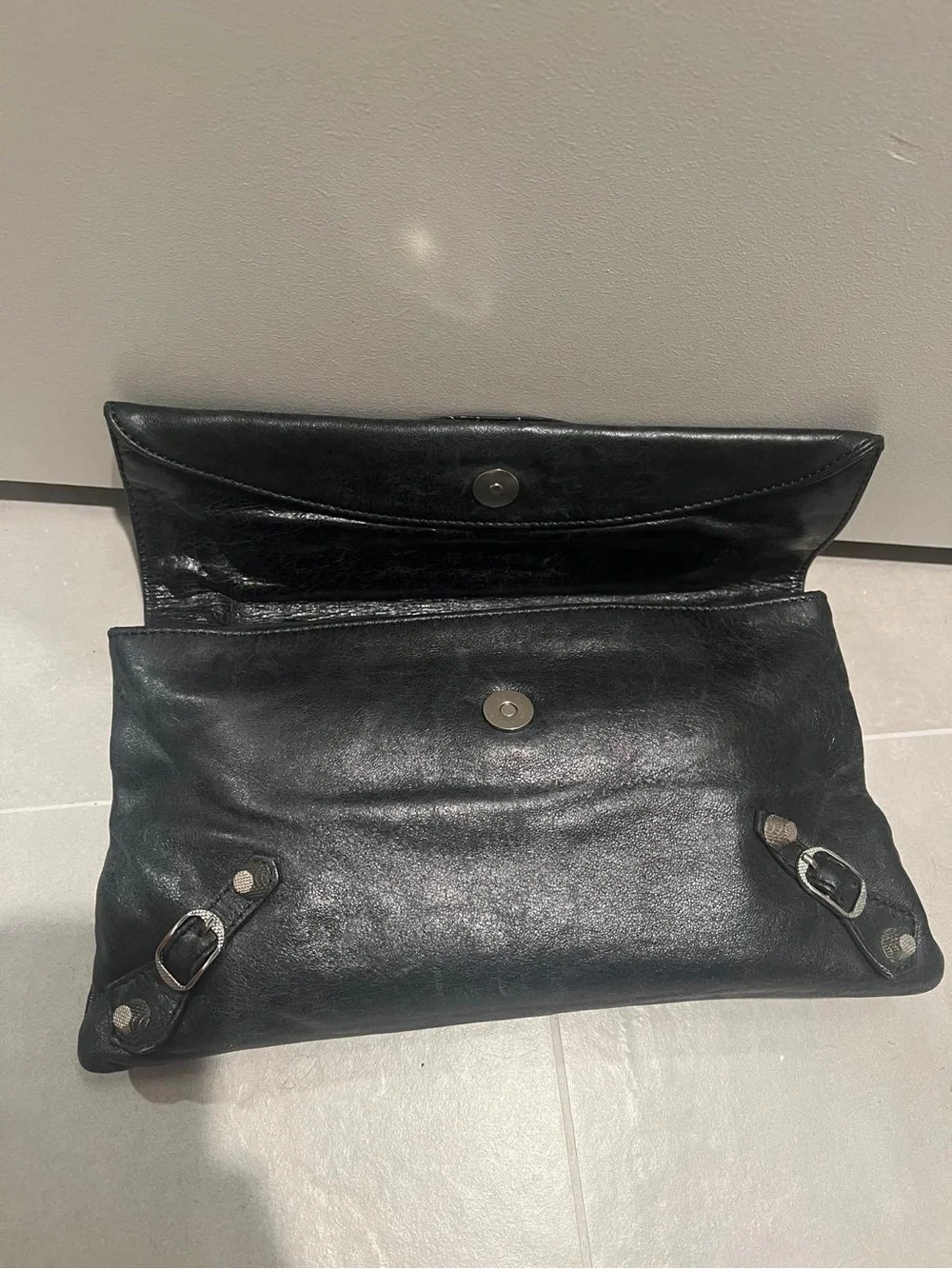 Balenciaga Black Leather Fold-Over Messenger Bag with Silver Hardware authentic